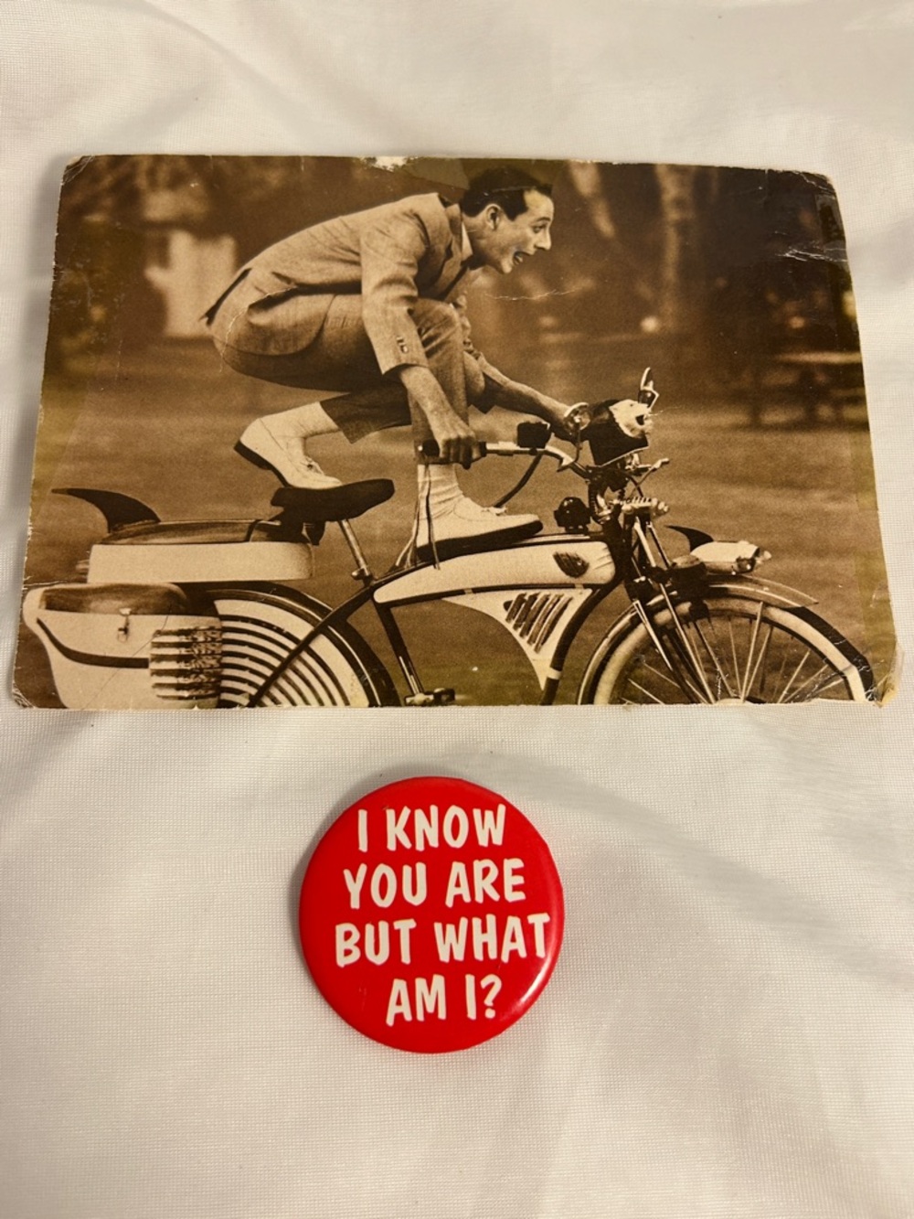 80s Pee Wee Herman bike movie postcard quote pin I know you are but what am I